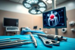Surgical operating room scene featuring medical instruments and a monitor displaying an X-ray of a hip joint. Sterile blue draping, bright surgical lights, and diagnostic equipment are visible. Focus on orthopedic surgery, healthcare technology, and medical procedures.