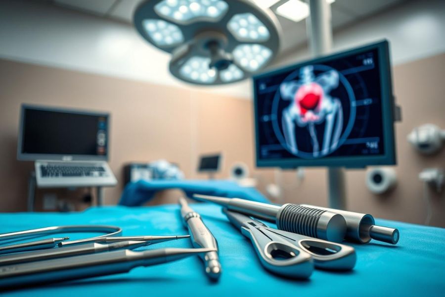 Surgical operating room scene featuring medical instruments and a monitor displaying an X-ray of a hip joint. Sterile blue draping, bright surgical lights, and diagnostic equipment are visible. Focus on orthopedic surgery, healthcare technology, and medical procedures.