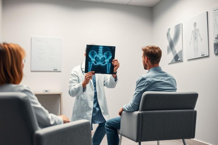 Doctor presenting an X-ray of a pelvis to a patient in a modern medical clinic. Consultation setting with anatomical posters visible on the wall. Healthcare, diagnosis, and radiology themes are prominent. Gray and white color palette.