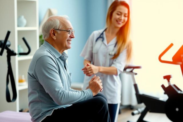 A doctor examines an elderly man in a brightly lit room with exercise equipment. The scene depicts a healthcare setting, likely rehabilitation or physiotherapy, with a focus on patient care and wellness.