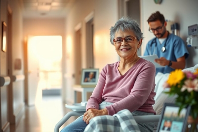 The image depicts a warm, sunlit hospital room. A smiling older woman is seated comfortably in bed, accompanied by a medical professional who appears to be engaged and attentive.