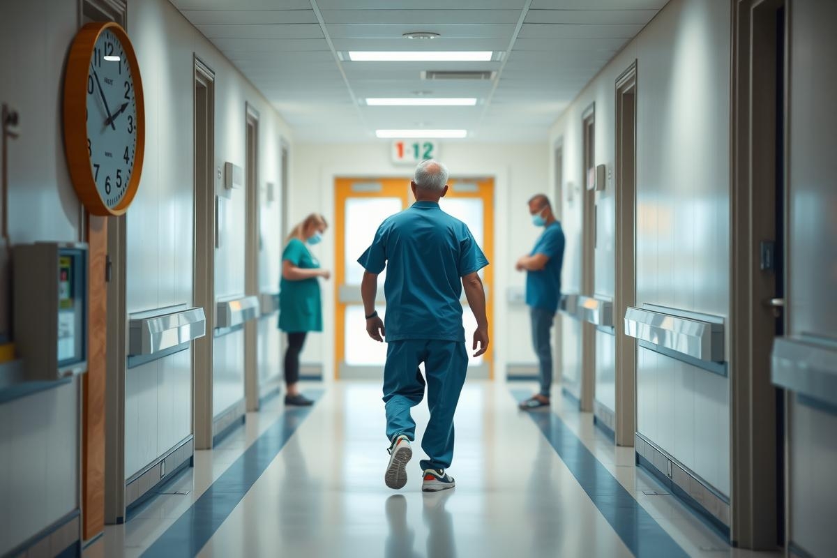 The image depicts a hospital corridor with two nurses in blue scrubs. They are walking towards the camera, and there's a clock on the wall to the left.