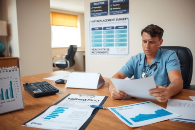 The image depicts a man in a medical uniform sitting at an office desk with various papers and reports. The environment suggests a clinical setting, possibly a hospital or healthcare facility.