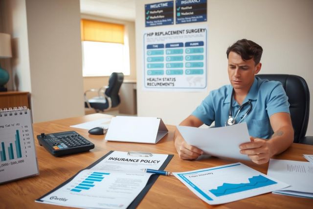 The image depicts a man in a medical uniform sitting at an office desk with various papers and reports. The environment suggests a clinical setting, possibly a hospital or healthcare facility.