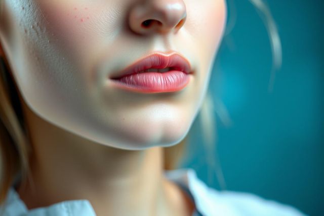 Close-up of a woman's face, focusing on her lips. Soft lighting highlights a serene expression against a blue background. Beauty, portrait, skincare, close-up, lips.