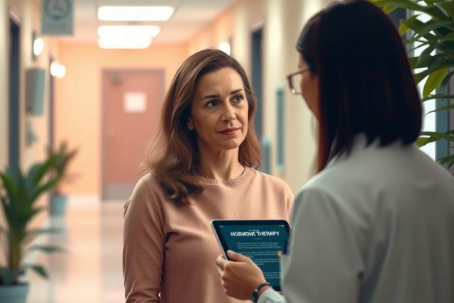 The image depicts two women in a closed setting, likely a medical or clinical environment. The woman on the right wears a white coat and appears to be offering something to the other woman, who is wearing a pink sweater.