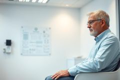 Senior man with glasses sits thoughtfully in a modern, bright office. The room features white walls and a diagram on display. A calm, professional portrait showcasing a mature businessman in a light blue shirt.