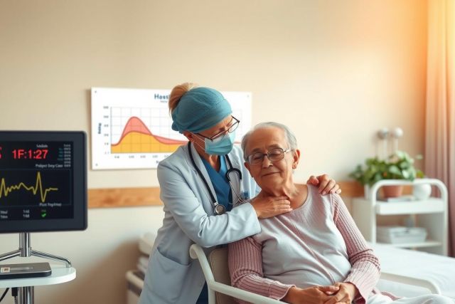 The image depicts a medical setting with two individuals. One is an older adult lying on a hospital bed, and the other appears to be a healthcare professional, likely a nurse or doctor, who seems to be conducting a medical examination of the patient.