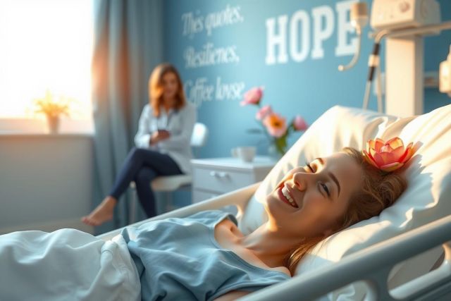 The image shows a hospital setting with two women. One woman is lying on a bed, smiling and seemingly in good spirits, which contrasts with the usual solemn atmosphere of hospitals. The other woman is seated near her, likely providing company or care. 