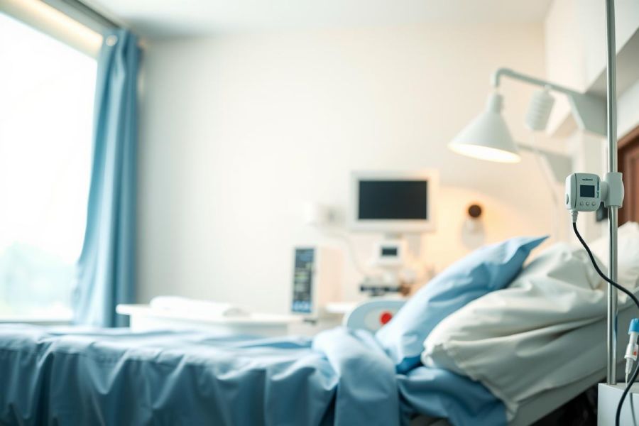 Hospital bed with blue linens, medical equipment, and a window. The image depicts a healthcare setting, possibly a patient room.