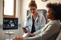 Doctor performing ultrasound scan on patient. Healthcare professional examining a pregnant woman, with medical equipment visible. Clinic setting, showing prenatal care and medical imaging.