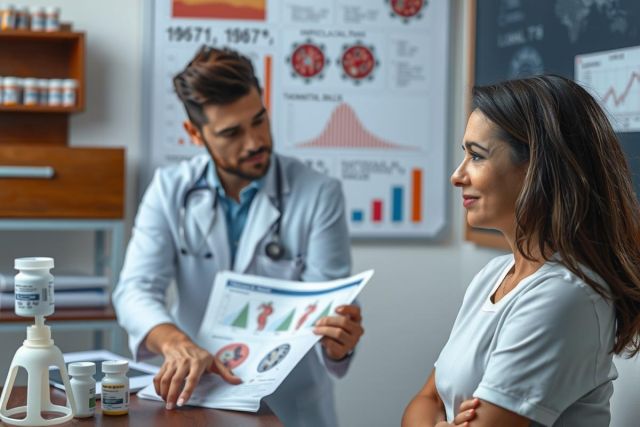 The image shows a professional setting where a doctor and a patient are discussing. The doctor is wearing a white coat and has a stethoscope around his neck. They are sitting at a table with various medical literature open, suggesting an academic or clinical setting.