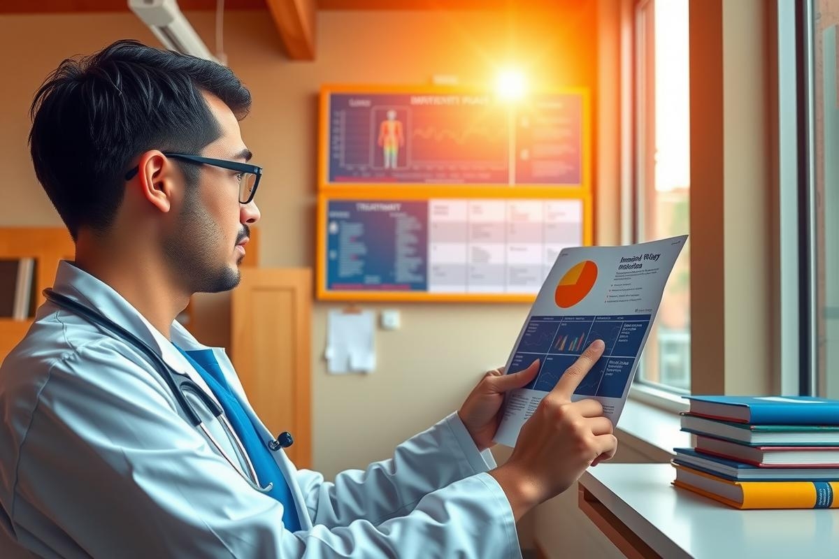 The image portrays a professional setting, likely an office or workplace, with an individual dressed in formal attire typically associated with medical professionals. The person is engrossed in reading a document or book placed on the desk, which suggests a focus on work-related study or research. The environment includes a window that lets in natural light, indicating it's daytime. On the desk, there are several books and papers scattered around, further emphasizing an academic or professional atmosphere.