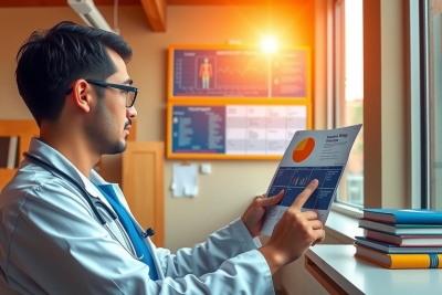 The image portrays a professional setting, likely an office or workplace, with an individual dressed in formal attire typically associated with medical professionals. The person is engrossed in reading a document or book placed on the desk, which suggests a focus on work-related study or research. The environment includes a window that lets in natural light, indicating it's daytime. On the desk, there are several books and papers scattered around, further emphasizing an academic or professional atmosphere.