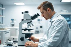 Scientist in a modern laboratory examining a microscope. The image features a man in a white lab coat, focused on scientific research with lab equipment in a bright, clean environment. Blue and white tones dominate the scene, suggesting a sterile and professional setting.