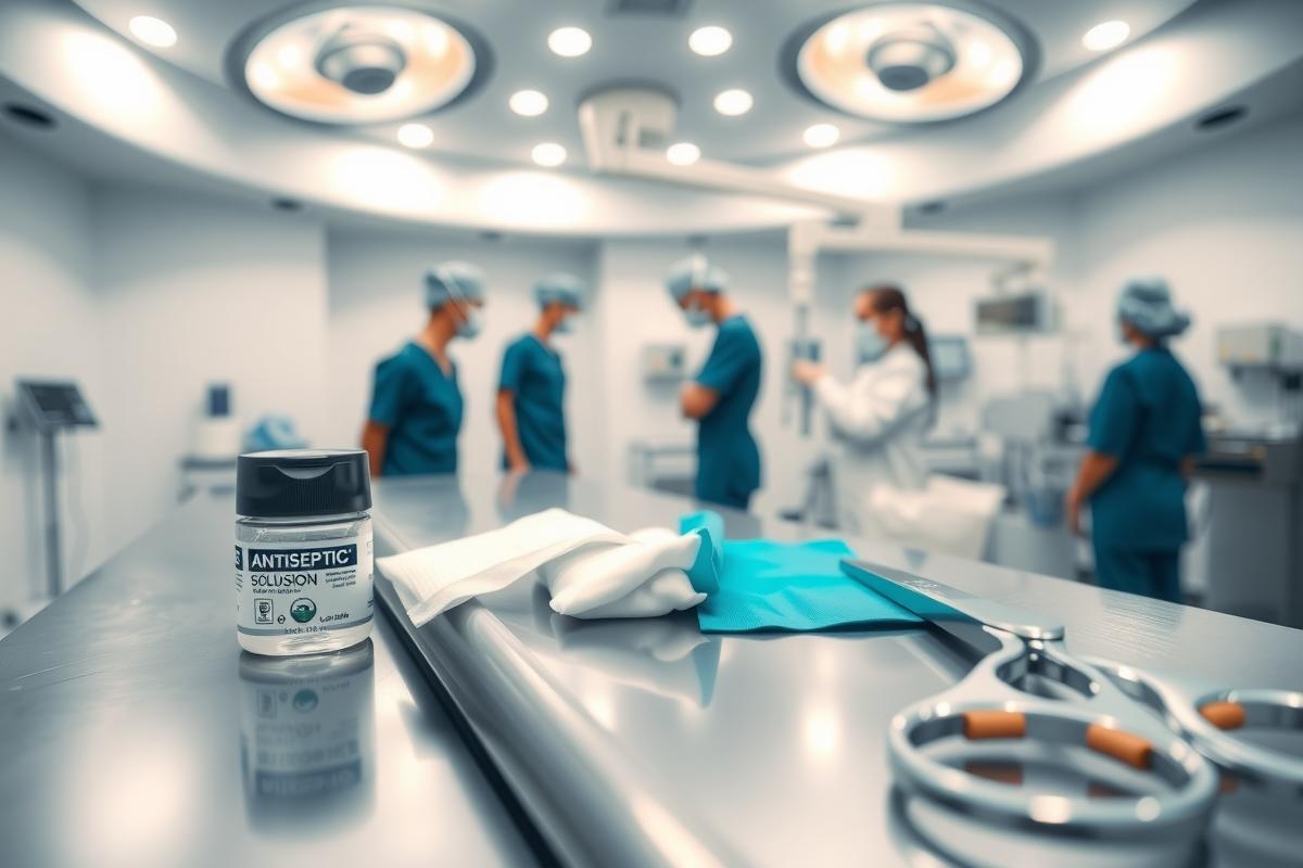 Surgical scene in an operating room with medical staff in scrubs and gloves. Focus on sterile equipment and a stainless steel table. Blue and silver tones dominate the image, highlighting a clinical environment.