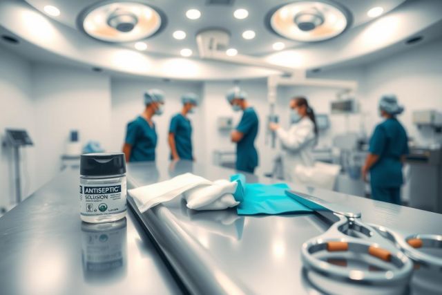 Surgical scene in an operating room with medical staff in scrubs and gloves. Focus on sterile equipment and a stainless steel table. Blue and silver tones dominate the image, highlighting a clinical environment.