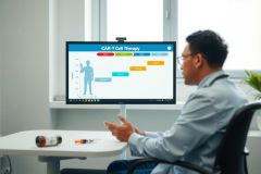 Doctor in a modern office setting discusses treatment plans, likely related to healthcare or medical research. The image suggests a consultation or presentation with a focus on patient care and medical technology.