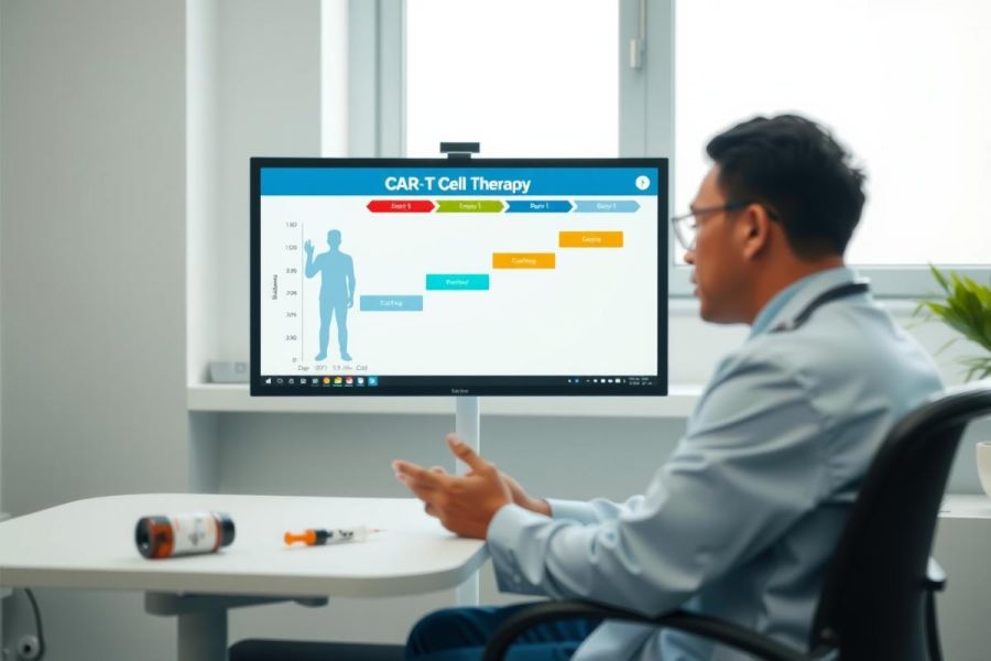 Doctor in a modern office setting discusses treatment plans, likely related to healthcare or medical research. The image suggests a consultation or presentation with a focus on patient care and medical technology.