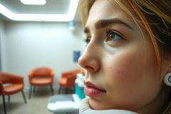 Close-up of a woman in a medical setting, likely a doctor or nurse, with orange chairs and medical equipment visible in the background. Focus on her face and thoughtful expression.
