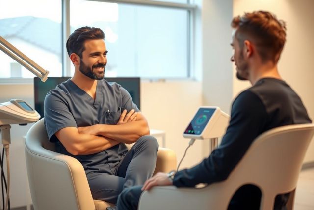 Doctor in scrubs sits with patient in a modern clinic. Healthcare professional consultation, medical examination, or therapy setting. Bright, clean environment.