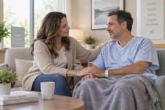 Supportive companion comforting a recovering patient in a calm hospital recovery lounge.