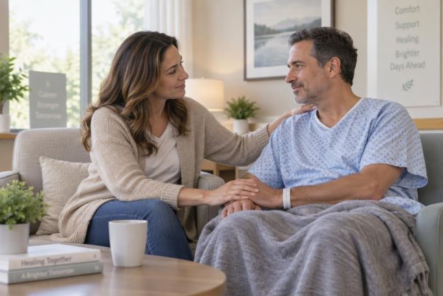 Supportive companion comforting a recovering patient in a calm hospital recovery lounge.