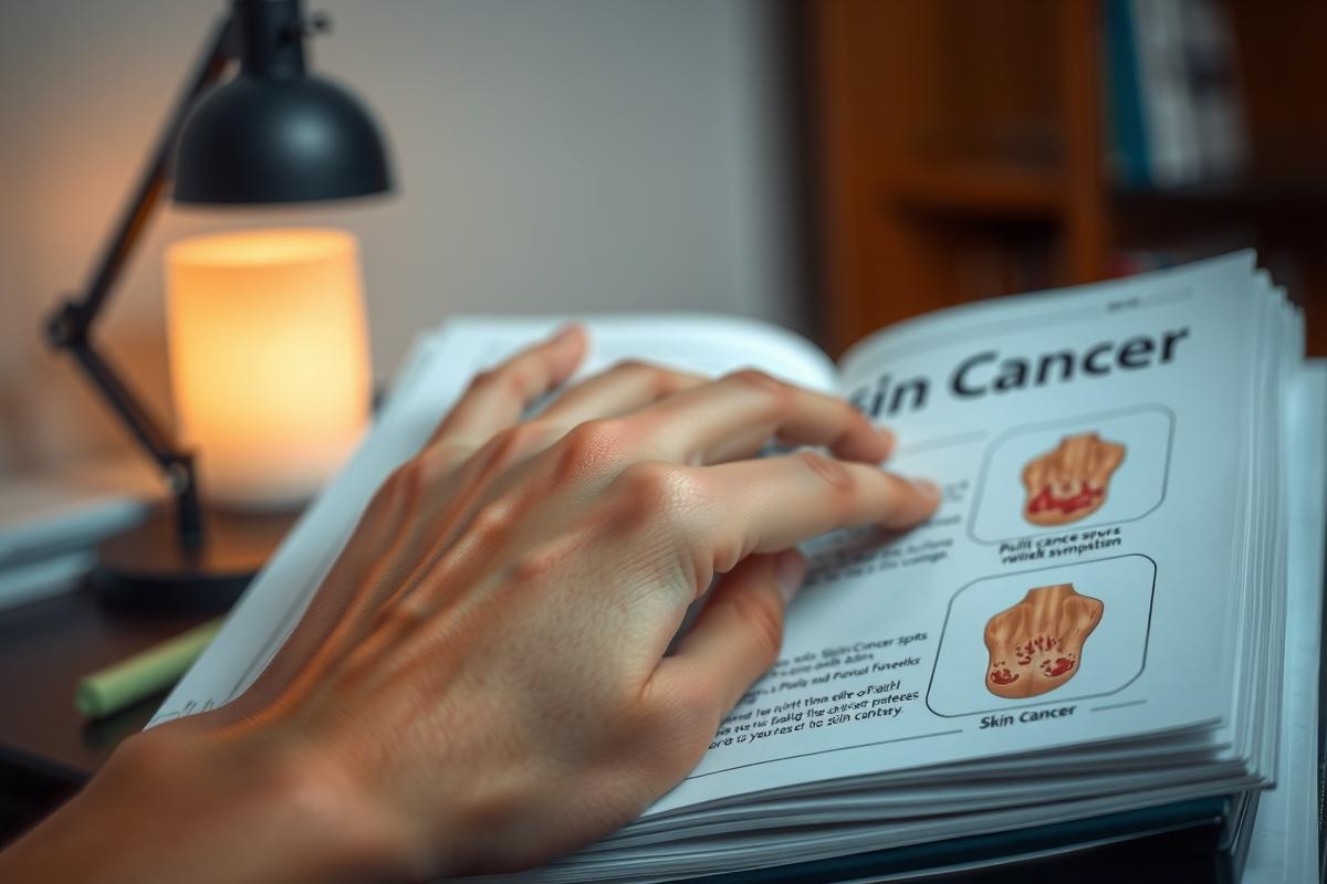 Hands holding an open book with the title 'Skin Cancer' visible. The pages of the book are being flipped through, revealing text and medical illustrations regarding skin cancer symptoms and prevention.