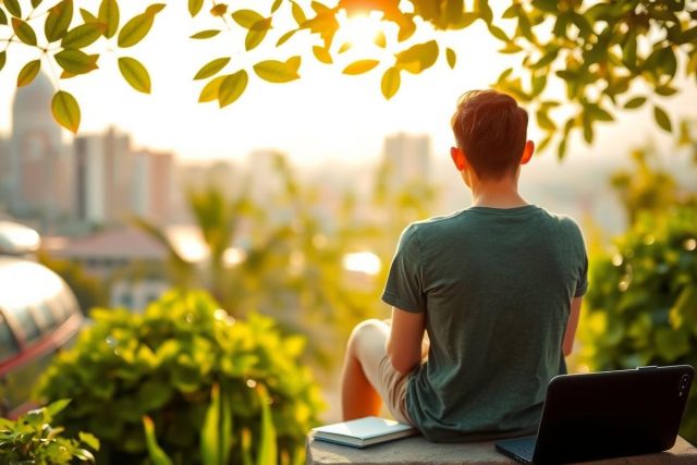 The image shows a person sitting on a bench overlooking a cityscape during sunrise or sunset. The individual is wearing a casual t-shirt and shorts, with their feet propped up on the edge of the bench. They appear relaxed with one hand resting near the laptop that sits open on their lap. 