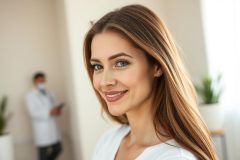 Smiling woman in a medical clinic setting. Close-up portrait with a blurred doctor in the background. Warm lighting, neutral tones, showcasing health, wellness, and patient care.