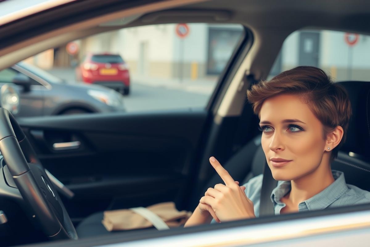 In the image, a person with short hair is seen through the open window of a car. The driver appears to be looking towards their left. They are wearing sunglasses and seem to be at a traffic stop, as suggested by the presence of another vehicle in the background and street signs visible.