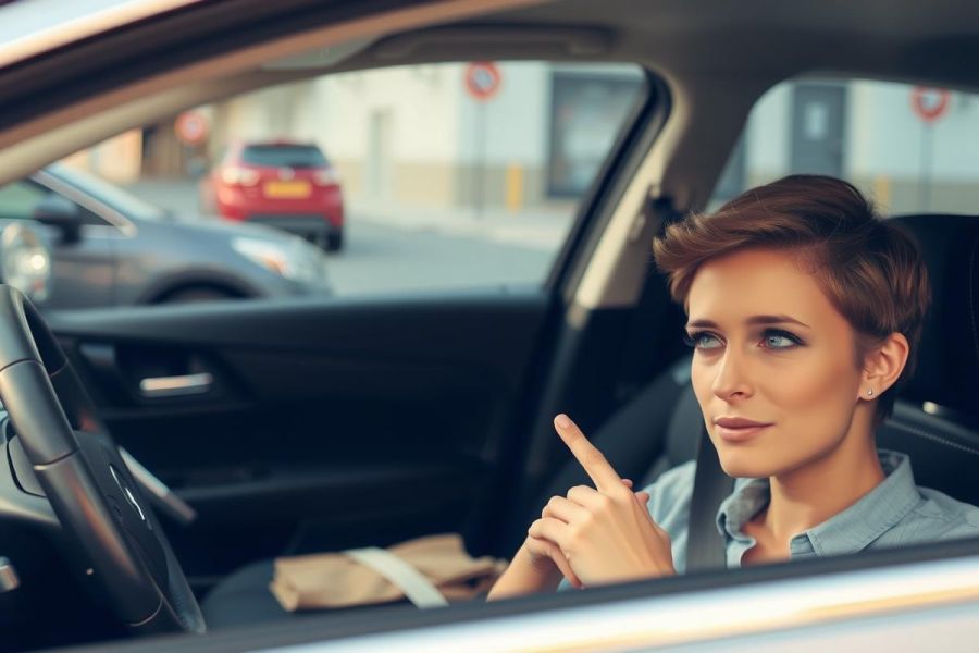 In the image, a person with short hair is seen through the open window of a car. The driver appears to be looking towards their left. They are wearing sunglasses and seem to be at a traffic stop, as suggested by the presence of another vehicle in the background and street signs visible.