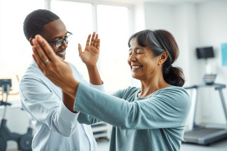 A joyful moment between a physical therapist and an elderly patient. They are exercising in a bright, modern rehabilitation clinic. They focus on health, healthcare, and positive aging in a warm and encouraging atmosphere.