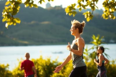 The image shows a woman jogging with trees in the background. She is wearing a black tank top and shorts, and has blonde hair. Another person is standing further back, possibly a friend or fellow jogger.