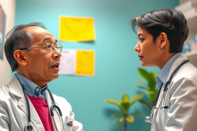 This image depicts a clinical setting with two doctors in conversation. The older male doctor is wearing glasses, a white lab coat, and has grey hair, while the younger female doctor is wearing a blue lab coat and is looking at her notes. They are discussing something related to medical treatment.