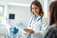 A smiling female doctor in a white coat and stethoscope reviews medical documents with a patient in a bright, modern clinic. The scene showcases healthcare, consultation, and professional medical care in a clean, blue and white environment.