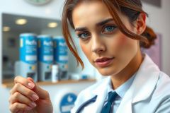 Female doctor in a white coat holds pills, seen in a medical office setting with a blurred background of medicine bottles. Professional portrait, healthcare theme, blue accents.