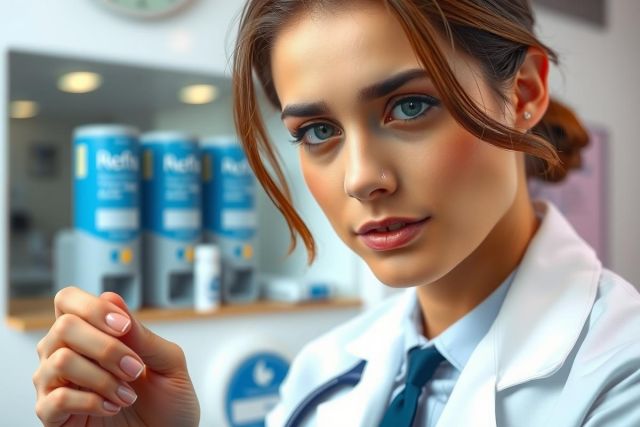 Female doctor in a white coat holds pills, seen in a medical office setting with a blurred background of medicine bottles. Professional portrait, healthcare theme, blue accents.