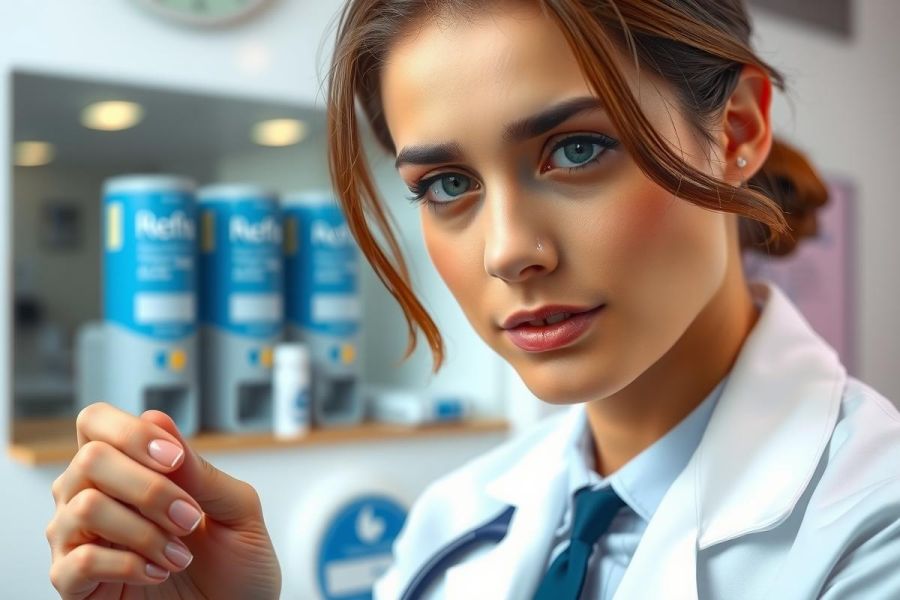 Female doctor in a white coat holds pills, seen in a medical office setting with a blurred background of medicine bottles. Professional portrait, healthcare theme, blue accents.