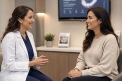 Patient consults with female dentist in modern dental clinic consultation room, friendly discussion.