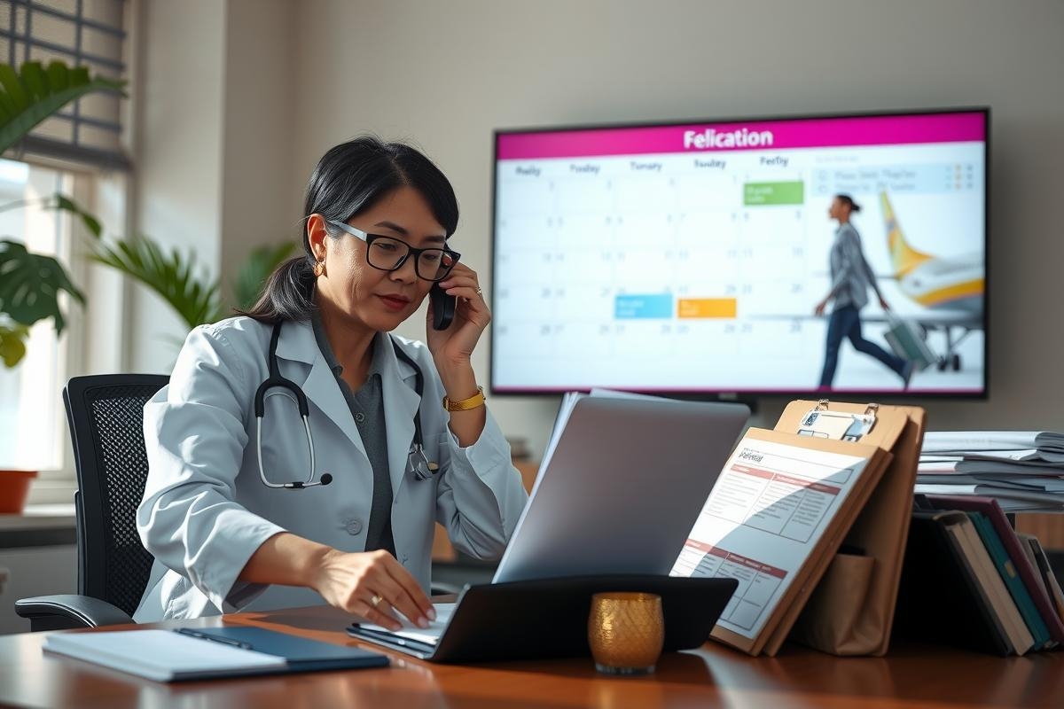 The image depicts a professional setting with an individual who appears to be a medical doctor or healthcare professional. The person is sitting at a desk equipped with modern technology, including a laptop and a large-screen television displaying what looks like patient data, possibly used for monitoring progress or treatment plans.