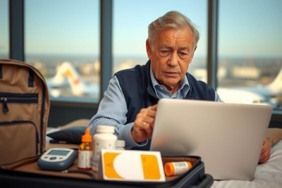 The image depicts an older man seated at a desk with various medical items, including medication bottles and a glucometer. He is reading a piece of paper or a document while looking concerned. 