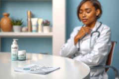 A female doctor in a white coat sits in a clinic, with skincare products on a table. The scene is brightly lit with a calming blue backdrop.