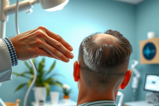 Doctor examines patient's ears in a medical office. Focus on ear examination with specialized equipment visible.  Bright, clinical environment. Focus on healthcare and diagnostics.