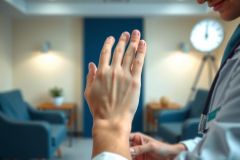 Doctor examining patient's wrist during a medical consultation. Healthcare setting with blue chairs and warm lighting. Focus on hand and medical professional, representing wellness and diagnostics.