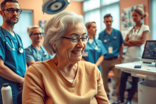 The image depicts a hospital setting where a group of healthcare professionals, including doctors and nurses, care for an elderly patient. The atmosphere is caring and professional, with everyone focused on the elderly person's well-being.