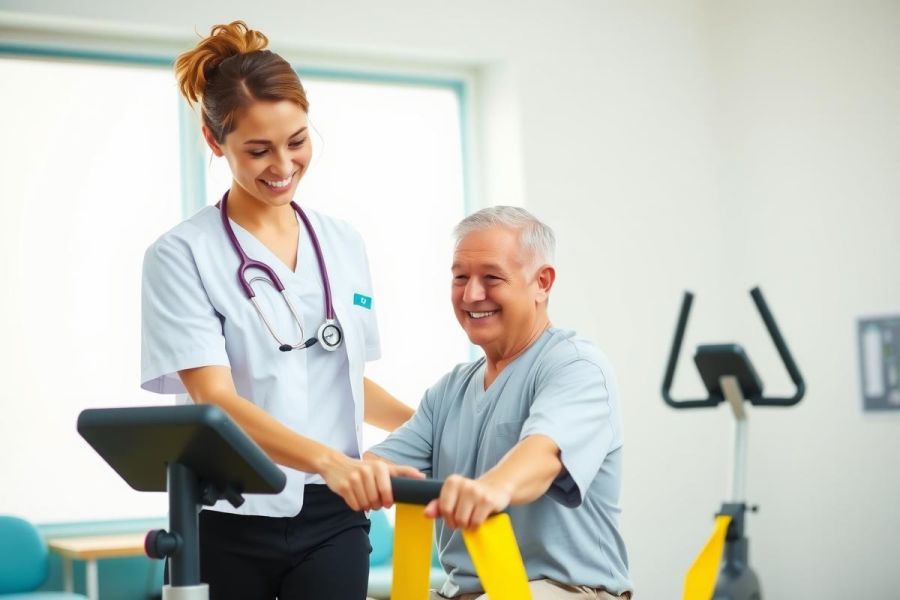 Healthcare worker assists elderly man using a stationary bike in a rehabilitation clinic. The scene shows physical therapy, caregiving, and senior health, with a bright, clean environment.