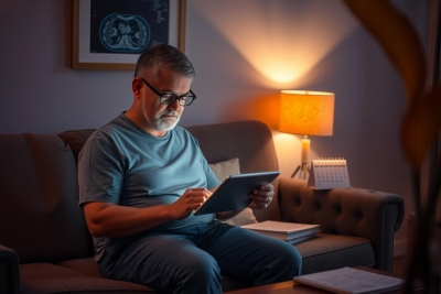 A man sitting on a couch, looking at his tablet computer. He is wearing glasses and a grey shirt. The room has soft lighting and the focus is on the man's activity with technology. The scene suggests relaxation or leisure time.
