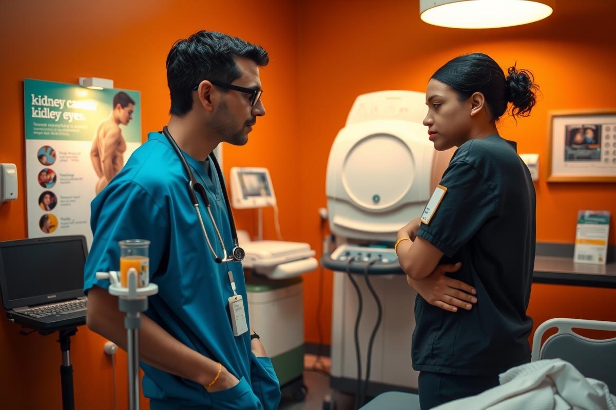 In the image, there are two healthcare professionals in a medical setting. On the left is a male healthcare worker dressed in blue scrubs and wearing glasses. He has a serious expression on his face. On the right is a female healthcare worker also in blue scrubs, who appears to be engaged in the conversation with the male colleague. 