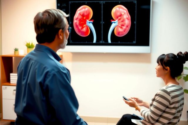 The image shows two individuals in a room with medical imaging displayed on the screen behind them. The person on the left appears to be presenting or explaining the images to the woman on the right, who is seated and listening attentively.